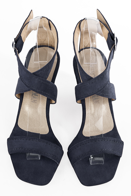 Navy blue women's fully open sandals, with crossed straps. Square toe. Medium wedge heels. Top view - Florence KOOIJMAN